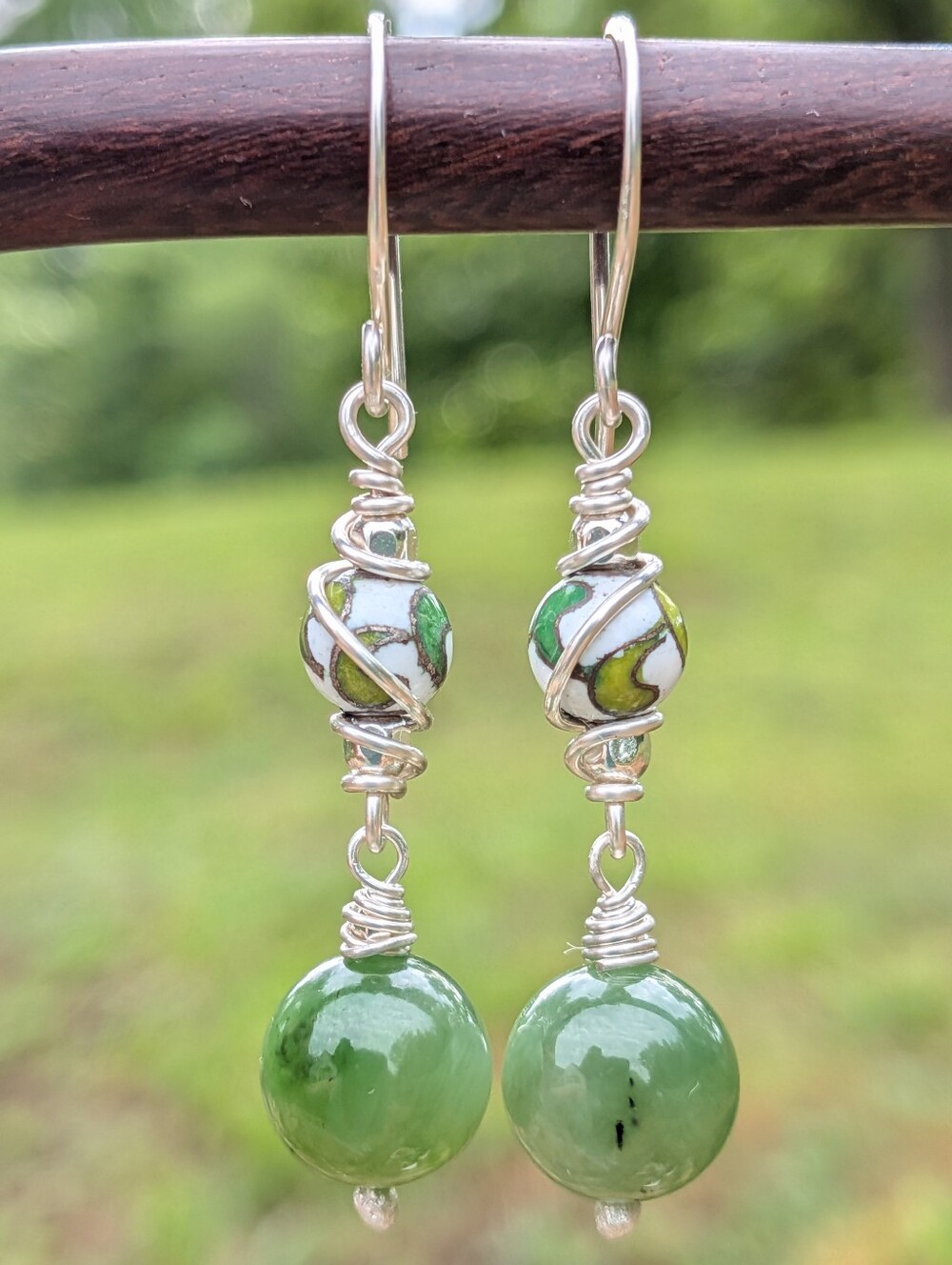 Artisan Jade Earrings-Natural Gemstone and Vintage Cloisonne In Sterling Silver - Picture 8 of 14